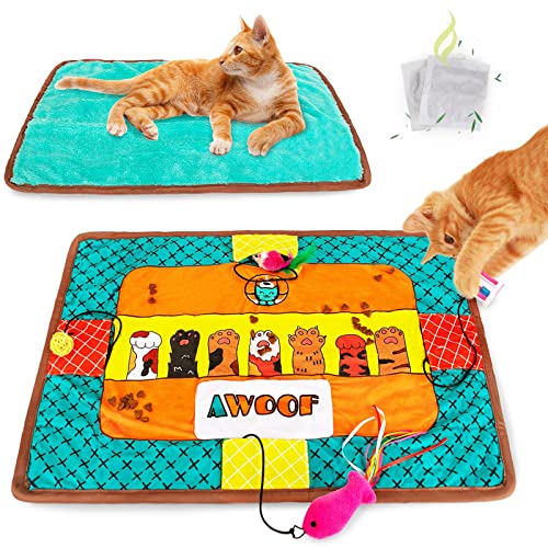 AWOOF Katzenmatte, niedliche weiche Katzenminze, Katzenaktivitätsmatte, maschinenwaschbare Katzendecke für kleine, mittelgroße Katzen mit 5 Taschen, interaktives Katzenminzenspielzeug Cover