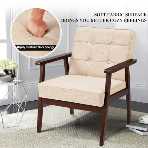Haddockway Mid Century Accent Chair with Arms,Retro Leisure Reading Armchair,Comfy Leisure Chair Living Room Chair,Modern Linen Upholstered Lounge Chair with Wood Frame for Office/Bedroom (Beige)