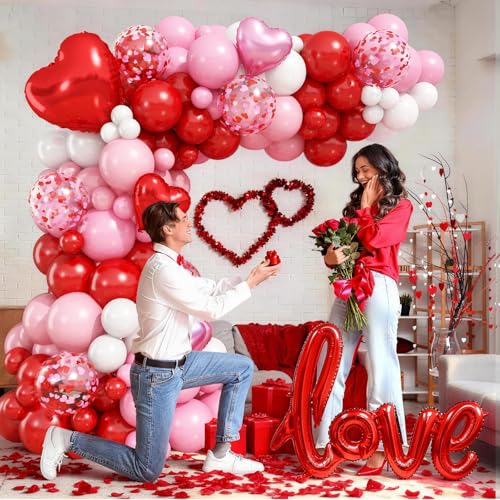 Image of Valentines Day Balloon Arch Kit 114Pcs Red Pink White Balloon Garland Kit with Love Heart Foil Balloons Galentines Party Balloons Decorations for Marriage Proposal Engagement Wedding Mothers