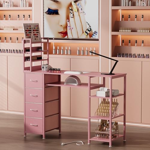 NinPeen Manicure Table Nail Desk for Nail tech with Drawers and Power Outlet,Nail Beauty Table with Storage and Open Shelves for Home,Workshop,Makeup Beauty Salon Workstation (Pink) by NinPeen - Image 2