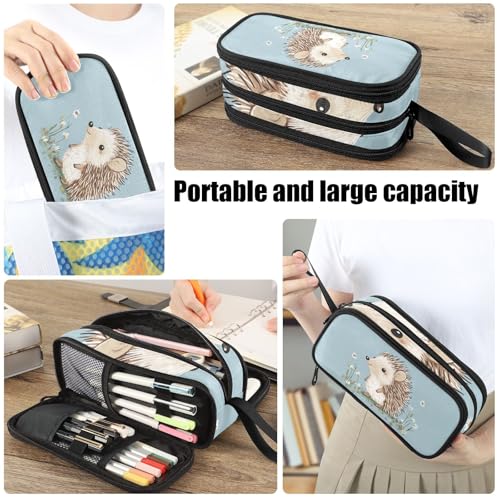Image of Fustylead Cute Hedgehog and Daisy Pen Pencil Case Makeup Pouch Big Capacity Multi-Purpose Travel Bag Office Organizer with Zipper