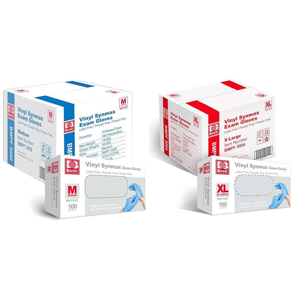 Jointown Basic Medical Synmax Vinyl Exam Gloves - Latex-Free & Powder-Free - Medium, BMPF-3002 & Basic Medical Blue Nitrile Exam Gloves - Latex-Free & Powder-Free - NGPF-7003 (Case of 1,000), Large