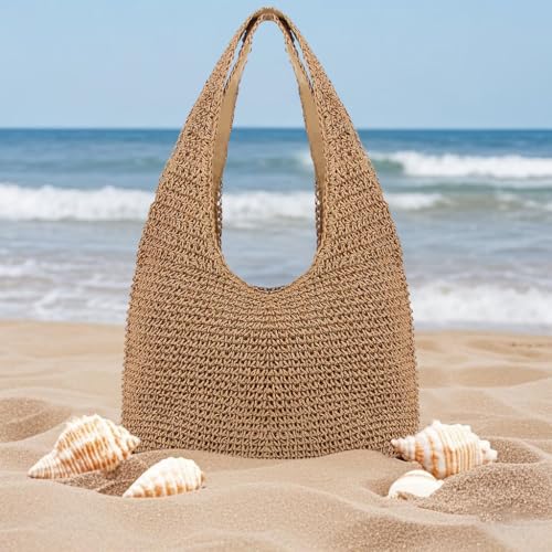 Image of Naimo Women Straw Beach Shoulder Bag Woven Tote Handbag Large Handmade Weaving Summer Casual Hobo Bag