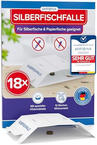 Patronus Silberfischfalle [18x] Monitoring-Klebefalle mit giftfreiem Köder | inkl. E-Book zum Thema: Silberfische bekämpfen - Papierfisch-Falle für alle Wohnräume zur Befallsermitt