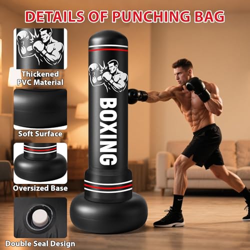 Saco de Boxeo Adultos, 190cm Sacos de Boxeo de Pie on Guantes y Bomba de Aire, Punching Ball Inflable Entrenamiento para Karate, Kickboxing, PVC Fitness Boxeo Regalo Ideal - imagen 3