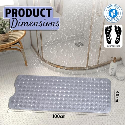 Image of Storite 2 Pack Anti-Skid Bath Mat, Extra-Large Silicon Shower Mat with Suction Cups & Drainage Holes, Durable Non-Slip Bathroom Floor Mat (100 x 40 cm)