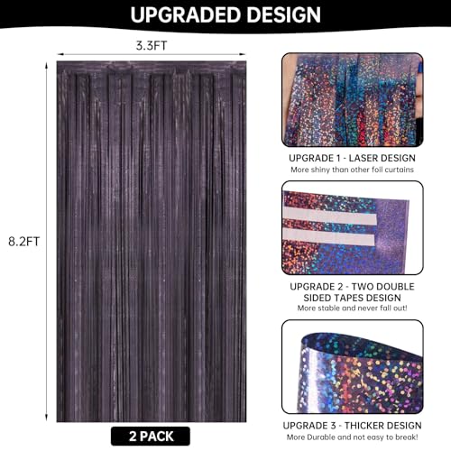 Image of 2 Pack 3.3 x 8.2 ft Tinsel Foil Fringe Curtain Backdrop, Upgraded Black Glitter Metallic Streamers Backdrop Curtains for Birthday, Graduation Prom, Halloween, Hoilday Themed Party Decorations