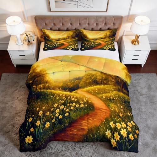 Genérico Edredón Nórdico 4 Estaciones Pintura Al Óleo Campo Flores Todo en Uno Microfibra Premium y Acolchado en Diamante – Transpirable, Lavable y Suave 180 x 220 cm Set de Ropa de Cama, Amarillo