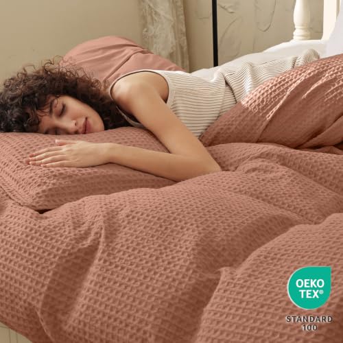 Image of PHF Waffle Weave Duvet Cover Set King Size, No Snagging Ultra Soft Luxury Textured Breathable Comforter Cover for All Season 3pcs, Durable Bedding Duvet Set with 2 Pillow Shams, 104 inchx90 inch, Terra Cotta