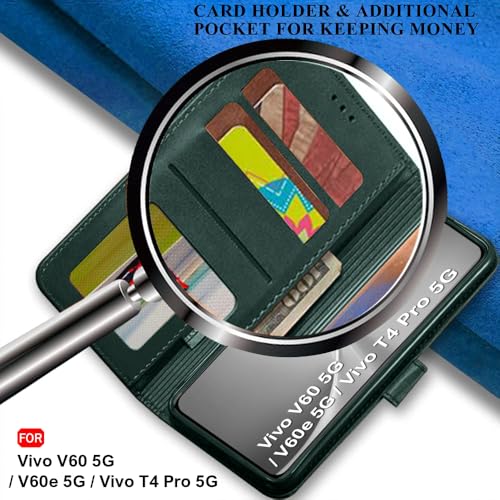 Image of TheGiftKart Genuine Leather Finish Flip Back Cover Case for Vivo V60 5G / V60e 5G / Vivo T4 Pro 5G | Inbuilt Pockets & Stand | Wallet Style | Designer Button Magnet Flip Cover (Faux Leather, Green)