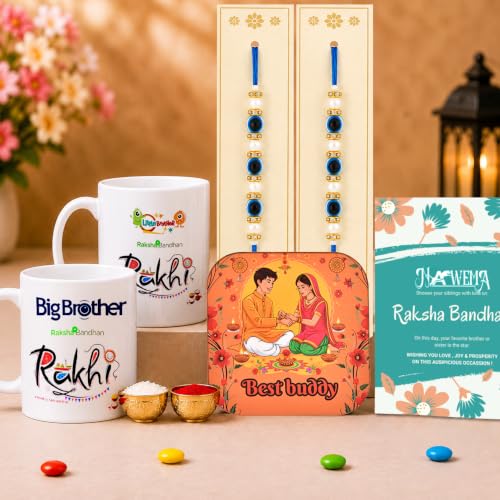 Image of nawema Rakhi for Brother Gift Set for Big Brother & Little Brother | 2 Mugs, 2 Evil Eye Rakhis, Fridge Magnet, Roli Chawal & Greeting Card | Raksha Bandhan Brother Gift Combo ((Big Little-5)-EA)