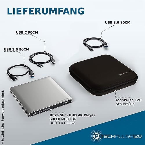 techPulse120 Externes UltraHD UHD 4k 3D M-DISC BDXL HDR10 100GB USB 3.0 & USB-C Laufwerk Bluray Brenner Burner Superdrive UltraSlim BD DVD CD Ultra Paket Tasche 90cm Anschlusskabel Aluminium Silber – Bild 7