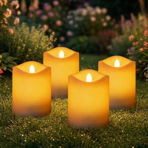 Image of Livinlarge Solar Candles Outdoor Waterproof,3 inchx4 inchFlameless Candle 4 Pack |Solar Pillar LED Votive Candle,Dusk to Dawn,Auto On /Off,IP65 Waterproof for Window,Table,Halloween,Christmas Decor