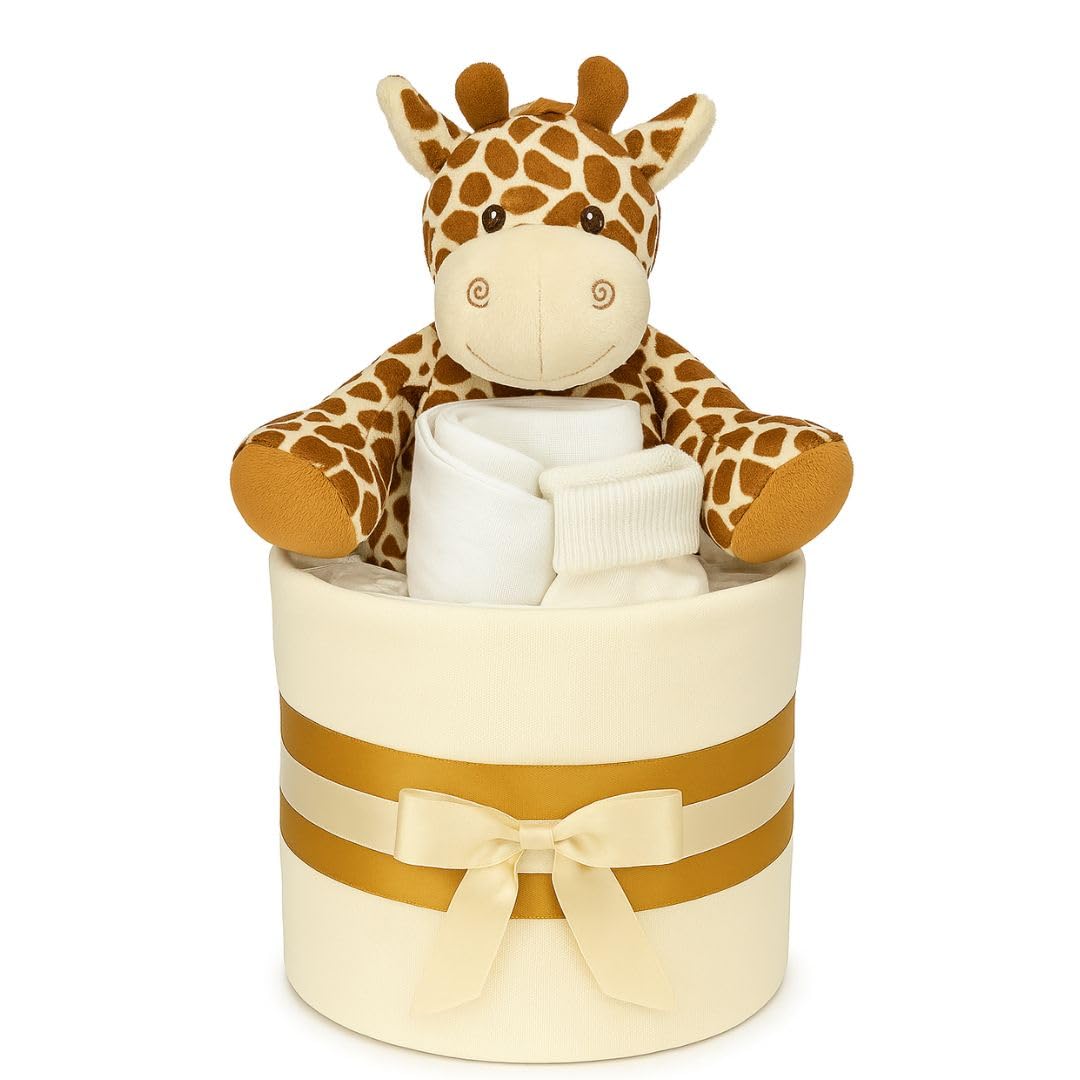 Pannolino Torta Neutro Unisex Baby Gift – Mussola Square wrap 9 Premium Pannolini Bavaglino Calzini e Peluche Morbido Giraffa