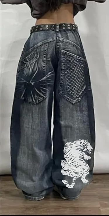Unisex Y2K Hip Hop Street Jeans with Skeleton Print, Gothic Baggy Jeans, Vintage High Waist Denim, Wide Leg Pants3