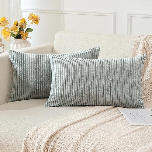 JOTOM Corduroy Soft Striped Throw Pillow Covers 40x60 cm Boho Decorative Pillow Covers Lumbar Pillowcase Couch Home Decor Cushion Covers for Sofa Bedroom 16x24 Inch Set of 2 (Grey Blue) - Image 3
