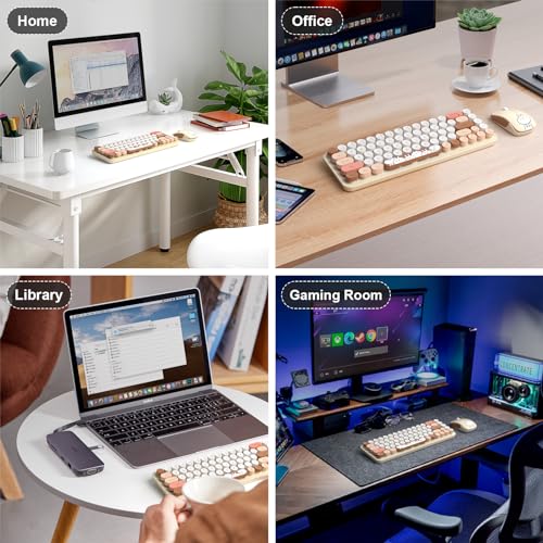 Image of FOPETT Wireless Keyboard and Mouse Cute Mouse and Keyboard 2.4G Wireless Keyboards with Colorful 68 Keys Typewriter Retro Round Keycap for PC, Laptop,Tablet,Computer Windows - Milk Tea Colorful