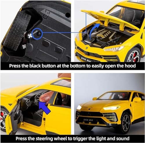 Image of 1:24 Lamborghini Urus Car Model, Diecast Pull Back Car Toy car, Doors Open, Light and Sound, Boys Toys Kids Adults Gifts (Yellow)