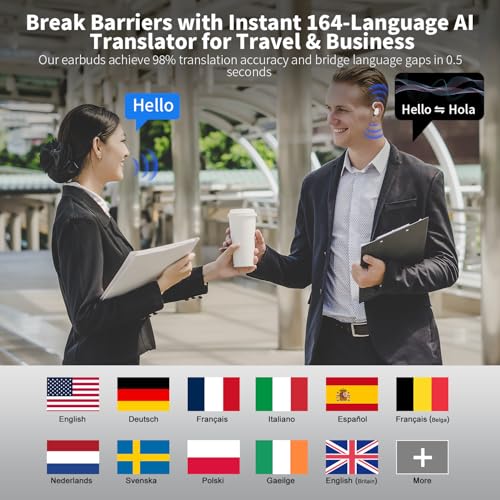 Image of AI Translation Earbuds Real Time, 164 Language Translator Earbud with Audio and Video Calls, 3-in-1 Buletooth 5.4 Translation Headphone with APP, 50H AI Ear Buds Translator Device for Business, White