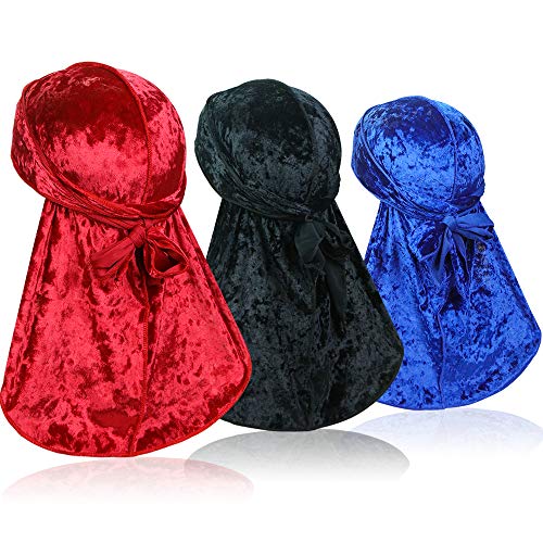 ASHILISIA 3 Pieces Crushed Velvet Wave Durag – Silky Durag Headwraps with Extra Long Tail Perfect for 360 Waves