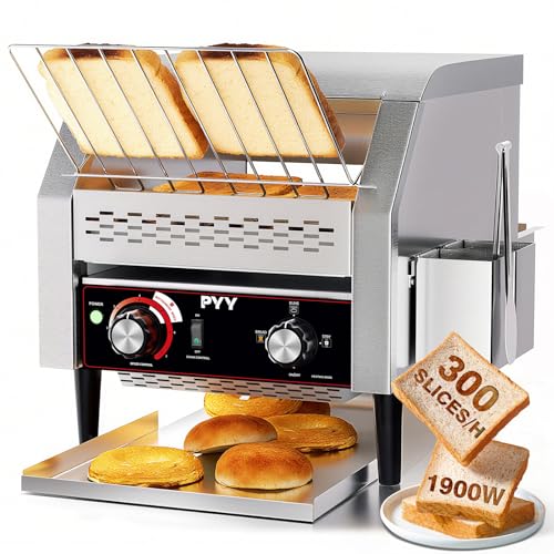 Image of PYY Commercial Conveyor Toaster 300pcs /h - Electric Conveyor Belt Toaster for Toast, Bun, Bagel, Bread, Heavy Duty Stainless Steel Toaster Oven for Restaurant, Bakery, Buffet Use
