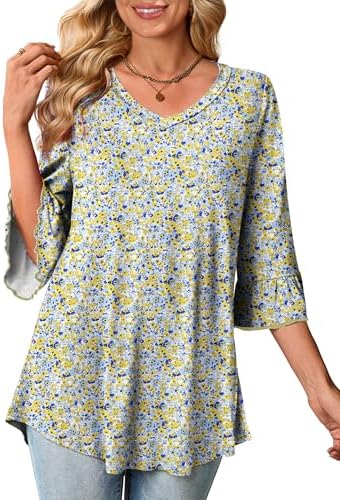 OIDUICOULD Women's Plus Size Casual V Neck Tops 3/4 Bell Sleeve Shirts Ruffle Bl