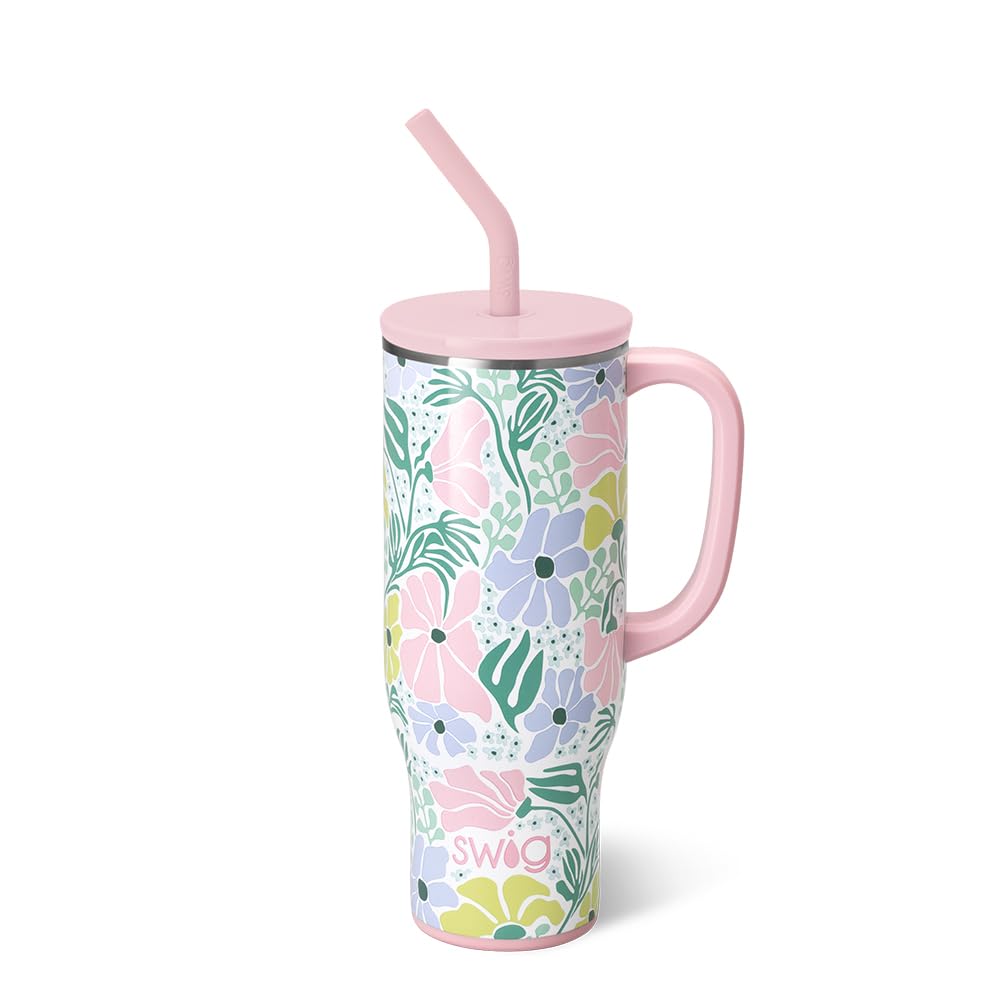 Swig Life 30oz Insulated Mega Mug with Handle & Straw, Garden Party | Triple Insulated Stainless Steel - Handle & Straw Included - Extra Large Capacity - Cup Holder Friendly