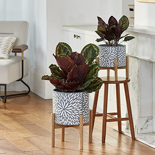 Image of LA JOLIE MUSE Ceramic Planter with Wood Stand - 8 Inch Unique Modern Flower Pots Indoor with Wood Planter Holder and Drainage, Frost Gray