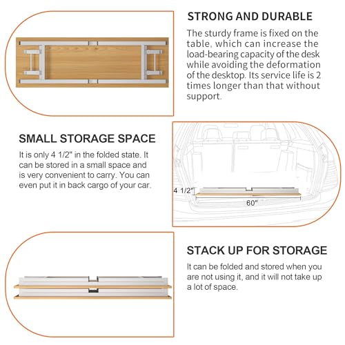 Image of Need Folding Computer Desk, Large 60 inches Folding Table for Home Office, No Install Needed Foldable Writing Table Desk, Teak and White