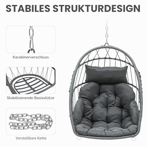 YITAHOME Hängesessel Max. Belastung 150kg Hängestuhl ohne Gestell 2 Kissen, Stabiler Rattan-Rahmen, 105x74x72cm Hängesessel Hängend mit Einer Kette & S-Haken für Terrasse, Garten, Wohnzimmer, Grau