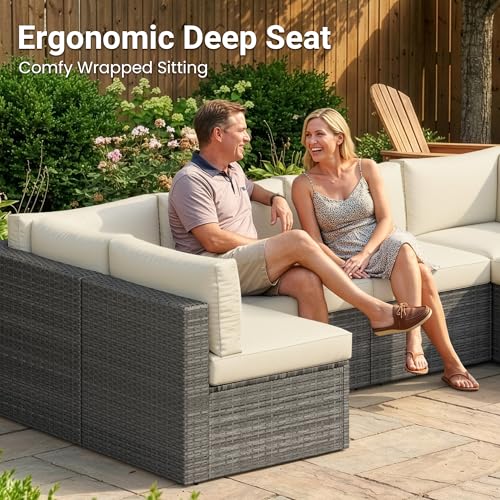 Image of Wisteria Lane 7 Pieces Wicker Patio Furniture Set, All-Weather Patio Sectional Sofa with Coffee Table, Outdoor Sectional Furniture for Garden Backyard, Beige