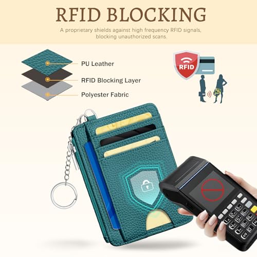 Image of Kelvoris Teal Blue Credit Card Holder Small Wallet Women, Minimalist Slim RFID Blocking Wallet Woman Keychain with Zipper Coin Pocket, Front Pocket Thin Travel Card Case with ID Window Ladies Gifts