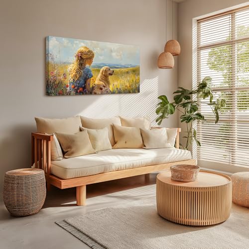 SERIMINO Portrait Landscape Wall Art, Lady and Dog Large Wall Decor, Animal Golden Retriever Cute Canvas Prints, Meadow Wildflowers Rustic House Decorations Living Room Bedroom Bathroom 20"X40"