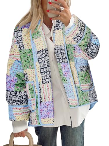Tankaneo Womens Floral Patchwork Quilted Jacket Lightweight Cropped Open Front Puffer Coat Fall Oversized Short Outerwear