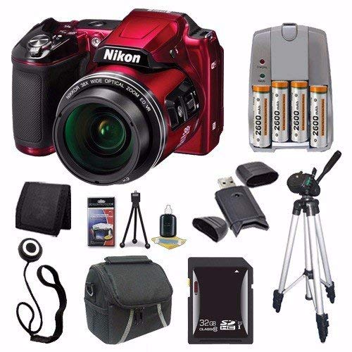 Nikon COOLPIX L840 Digital Camera (Red) (International Model) + 4 AA Pack NiMH Rechargeable Batteries Charger + 32GB SDHC Card + Case + Tripod Saver Bundle
