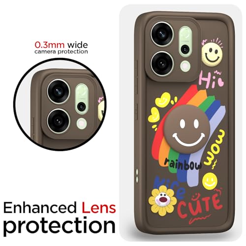 Image of Pikkme Back Cover for Oppo Reno 14 5G | Soft Silicone| Cute Rainbow Smile & 3D Cartoon Flower Design | Shockproof Raised Camera Protection Bumper Case (Brown)