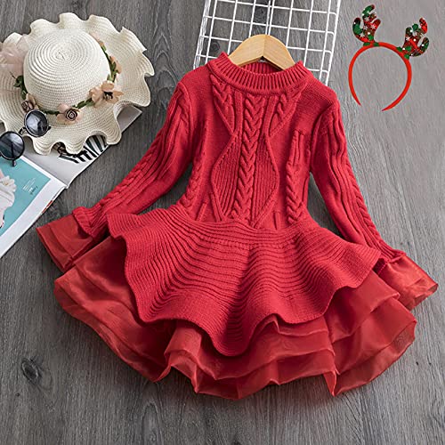 Girls Christmas Sweater Dress Toddler Kids Long Sleeve Solid Color Knit Sweater Dress Casual (Red, 3-4 Years)4