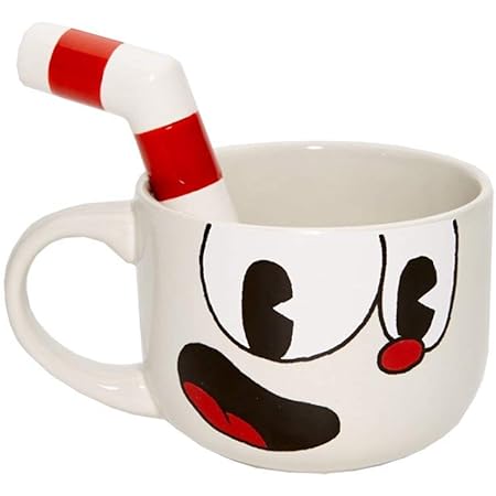 Cuphead Mug Bowl Shaped Gloss Finished Large Ceramic Coffee Mug with Molded Straw Stirrer