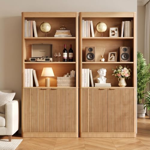 Glirun 72'' Tall Bookshelf with Doors, 5-Tier Wooden Storage Bookcase with Fluted Doors & Side Panels, Adjustable Shelf, Gold Handles for Living Room, Bedroom, Home Office, Natural Oak by Glirun - Used condition - Image 9
