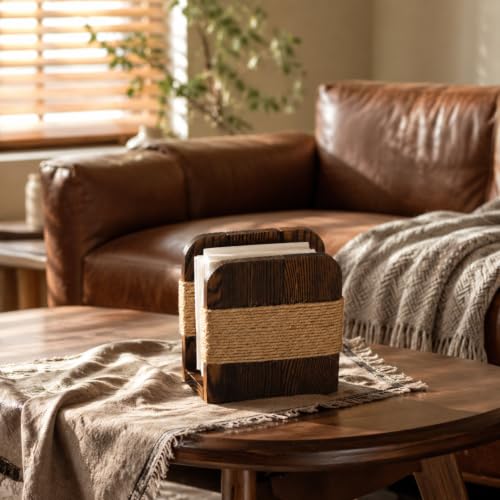 Image of Natural Wooden Napkin Holder, Farmhouse Style, Brown
