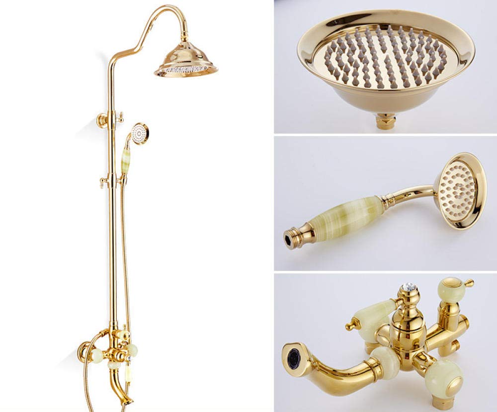 ASerZenith Luxury Gold Bath Rainfall Shower Faucet Set Brass and Jade Bathtub Faucet Tap with Hand Spray Wall Mounted Bath & Shower Faucet(1)