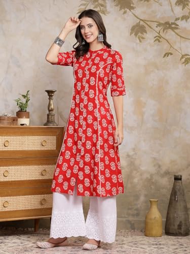 Image of Stylum Women's Pink Floral Printed Rayon A-Line Kurta