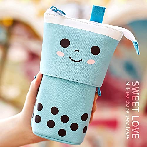 Image of Polyester Standing Case Cute Pencil Pouch For Girls - Korean Boba Pop Up Stationery Makeup Cosmetic Organizer Box | Pen Pencil Pouches | Stationary for Boys Kids Women School Students(Blue)