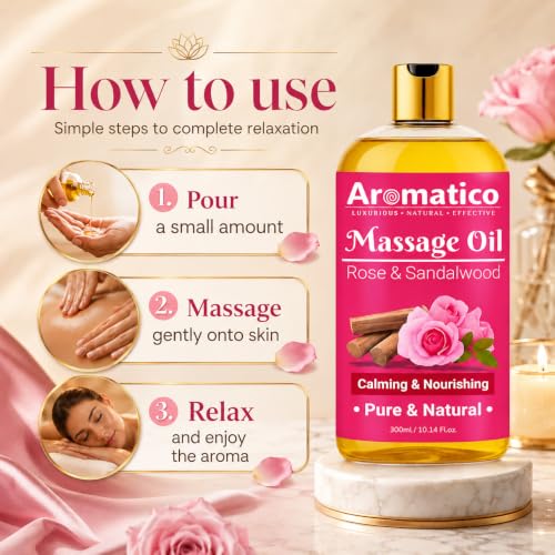 Image of AROMATICO Rose & Sandalwood Massage Oil - Rose Massage Oil with Sandalwood, Almond & Jojoba for Body Relaxation & Skin Nourishment | 300ml