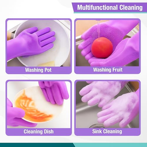 Image of Silicone Cleaning Gloves - Reusable Dishwashing Scrubber Gloves with Bristles - Waterproof, Non-Slip, Durable Kitchen Gloves for Washing Dishes, Car, Bathroom Cleaning (Violet, 1 Pair)