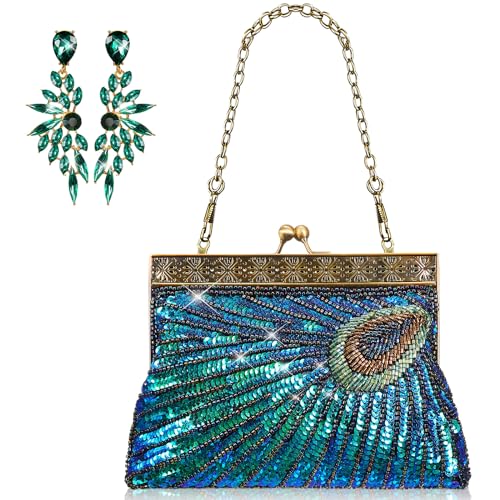 SilTriangle Peacock Purses Earrings Peacock Clutch Bags Dangle Earrings Womens Evening Handbags for Valentines Day Parties(Green)