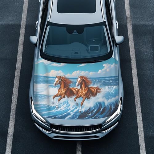 Image of Running Brown Horse Print Hood Covers for Cars, an All-Weather Waterproof Car Cover with a Windshield Snow Cover for Cars, Trucks, and Vans