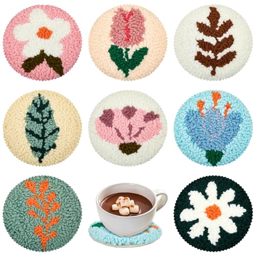 Image of Preboun 8 Pcs Floral Punch Needle Coaster Kit Punch Needle Embroidery Kit for Adults Beginners Flower Punch Needle Supplies for Crafters Tufted Coasters Including Yarns Hoop Tools