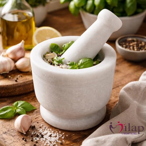 Image of Boat Shape Marble Mortar and Pestle Set Stone, Khalbatta, Kharal, Okhli, Musal Kitchen Tool For Crushing Grinding Blending (Imamdasta-White-4-Inch)