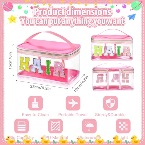 Chenille Letter Clear Makeup Bags, Preppy Pink Hair Bag Chenille Patch Makeup Bag Travel Cosmetic Bag with Handle Zipper Waterproof TPU Hair Accessories Organizer Pouch for Women Girl2